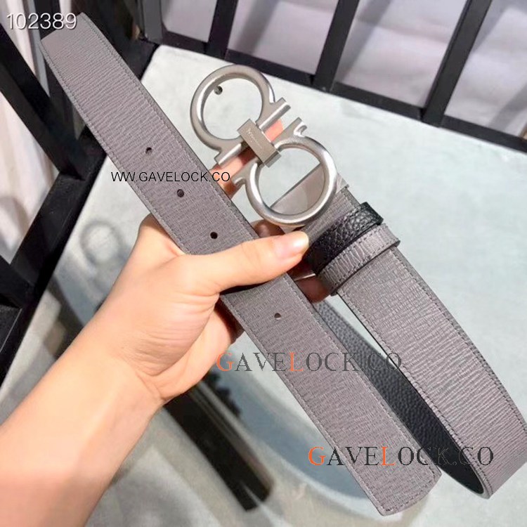 Clone Salvatore Ferragamo Black- Gray Reversible Gancini Belt - Silver Buckle